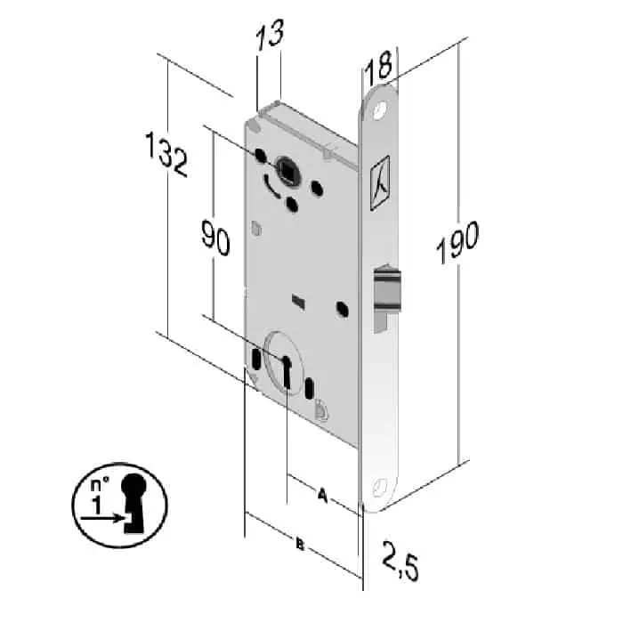 Serratura meccanica B-Split P50 Bonaiti per porta, foro Yale, entrata 50 mm, frontale 190x18 mm, finitura Ottonato Lucido Weekendaanbieding