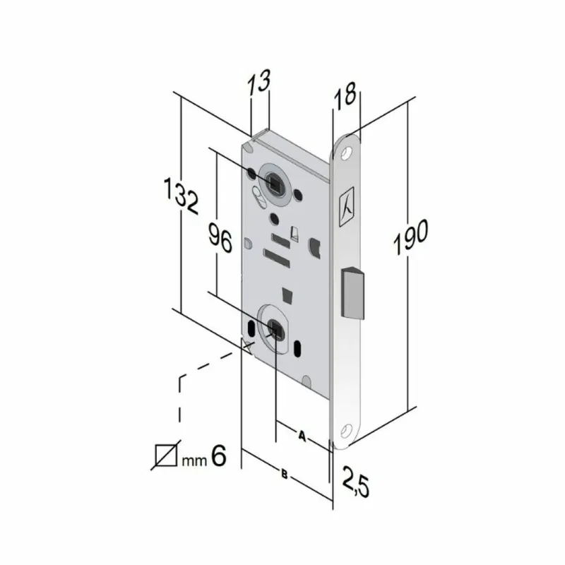 Serratura meccanica B-Split A81 Bonaiti per porta Bagno/WC, entrata 50 mm, frontale 190x18 mm, finitura Cromato Opaco Bestel Nu