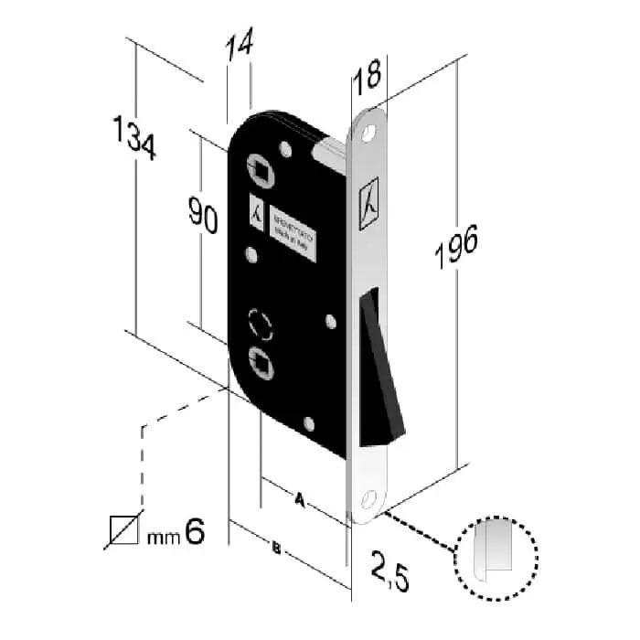 Serratura magnetica B-One 911 Bonaiti per porta Bagno/WC, entrata 50 mm, frontale 196x18 mm, finitura Ottonato Lucido Actieprijs