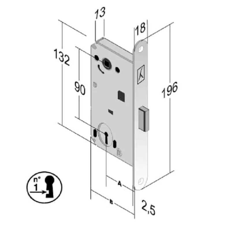 Serratura B-Forty incasso N65 Bonaiti per porta interna con chiave, entrata 50 mm, interasse 90 mm, bordo tondo 196x18 mm, Acciaio finitura Ottonato Lucido Snelle Levering