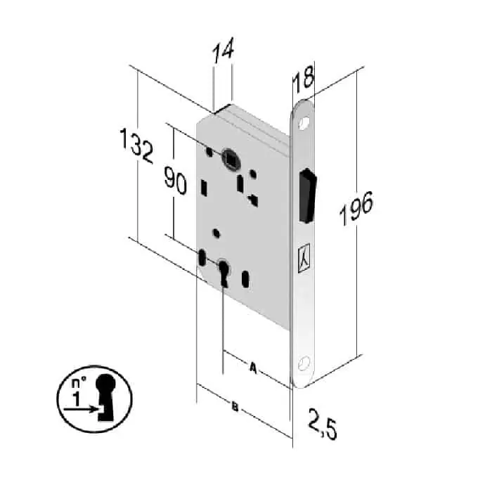 Serratura magnetica B-Twin 350 Bonaiti per porta, foro Patent, entrata 50 mm, frontale 196x18 mm, finitura Cromo Satinato Beperkte Voorraad