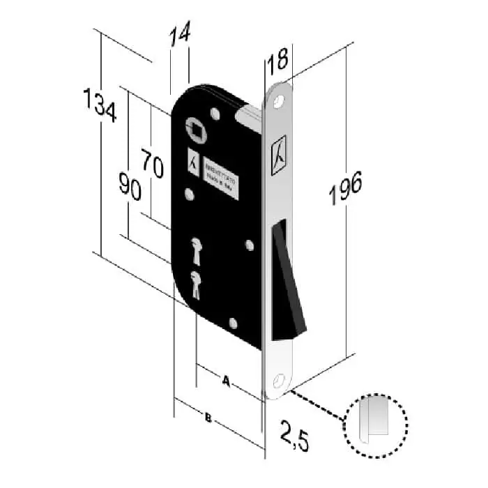 Gereduceerde Prijs Serratura magnetica B-One 910 Bonaiti per porta, foro Patent, entrata 50 mm, frontale 196x18 mm, finitura Ottonato Lucido