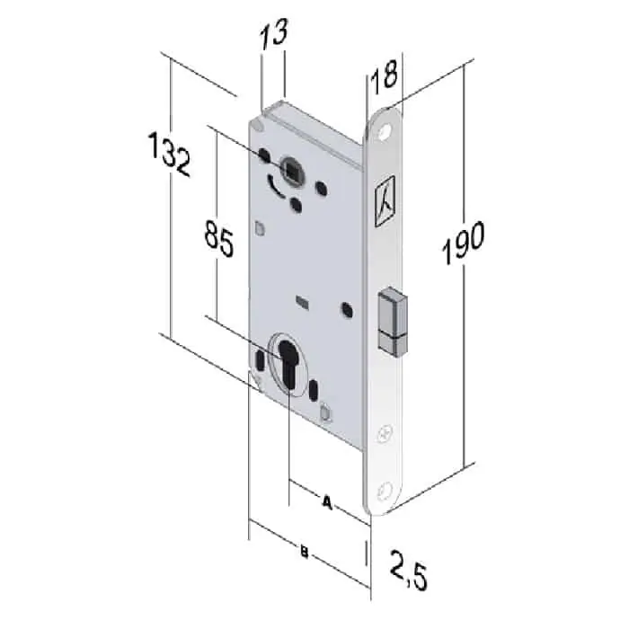 Express Levering Serratura magnetica B-Smart D68 Bonaiti per porta, foro Yale, entrata 50 mm, frontale 190x18 mm, finitura Cromato Opaco