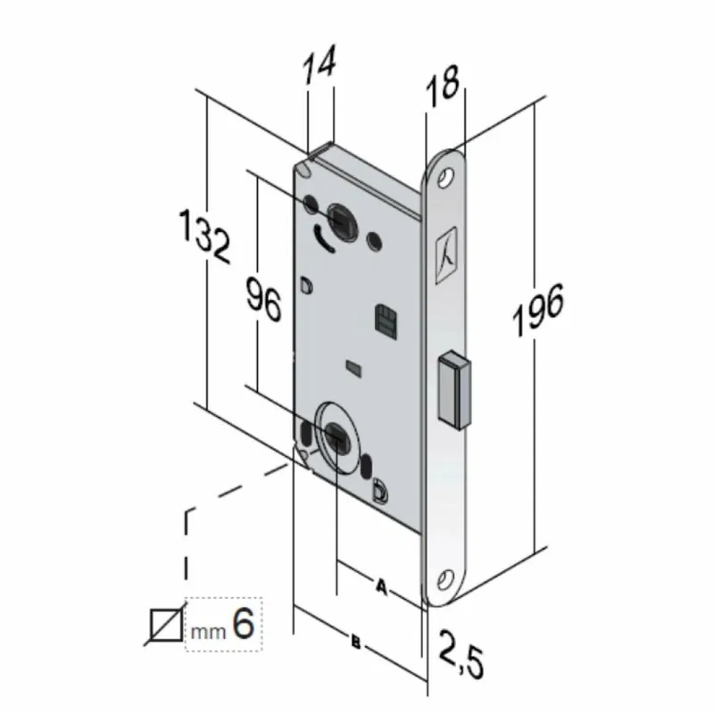 Hoge Kwaliteit Serratura B-Forty incasso NG V67 Bonaiti per porta da bagno, entrata 50 mm, interasse 96 mm, bordo tondo 196x18 mm, Acciaio finitura Cromato Opaco