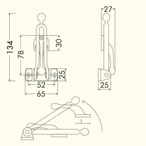 Direct Beschikbaar Gancio Bal per porta, lunghezza 134 mm, base 65x25 mm, finitura Ottone Lucido Verniciato