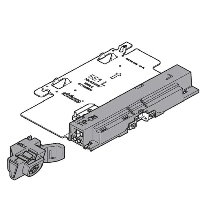 Tip-On Sinistro T55.3151S Blum per guida Tandem 551H estrazione parziale, Acciaio e Plastica finitura Grigio Exclusieve Aanbieding