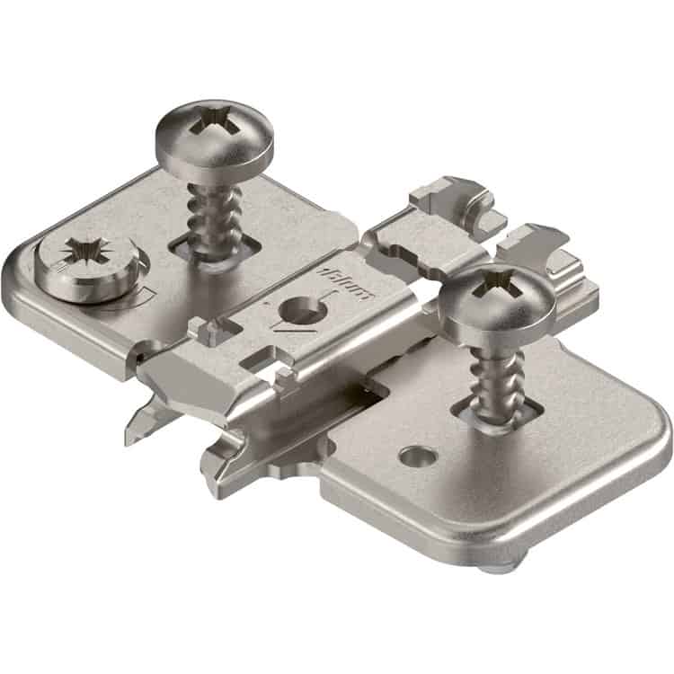 Piastrina di premontaggio 174h7100E Blum CLIP, a croce, altezza 00 mm, EXPANDO con regolazione verticale a eccentrico, acciaio Nichelato Favoriet