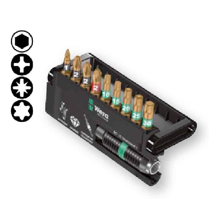 Hoge Kwaliteit Kit Bit-Check 10 Diamond 1 Wera, con porta-inserti universale BiTorsion 897/4 R, con 9 inserti BiTorsion, 4 a croce, 5 TORX