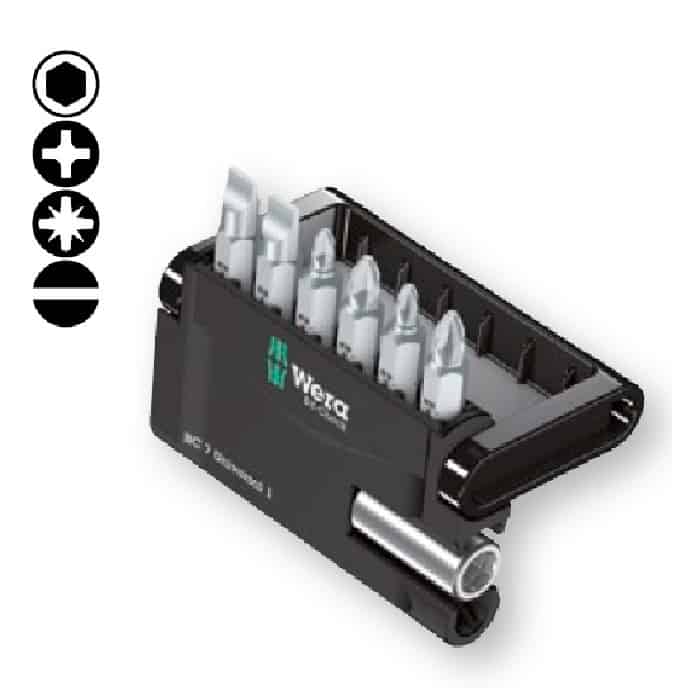 Kit Bit-Check 7 Universal 1 Wera, con porta-inserti universale 893/4/1 K, con 6 inserti, 4 a croce, 2 a taglio Hoge Kwaliteit