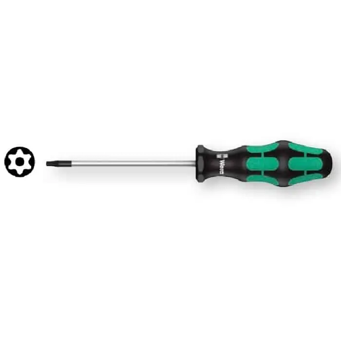 Premium Cacciavite TORX BO 367 Wera, con foro assiale, per vite ad incavo TORX 10 con perno di sicurezza, lunghezza lama 80 mm, colore Cromo-Nichel opaco