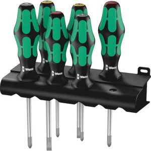 Assortimento Giravite Kraftform Plus Lasertip 335/350/355/6 Wera, per officina e meccanica, con supporto, colore Cromo-Nichel Opaco Must-Have