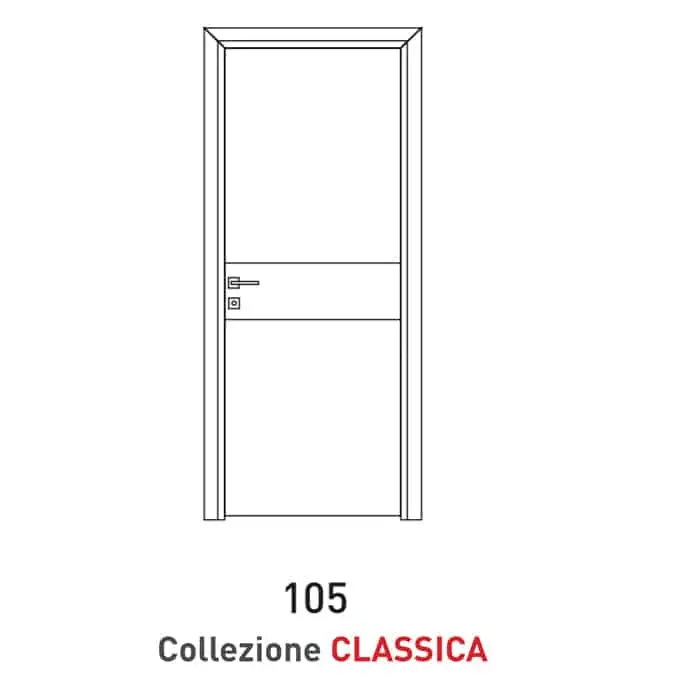 Porta a battente Viemme Porte serie Classica modello 105, pannello liscio con coprifilo standard tondo, con 2 inserti metallici orizzontali a fascia larga Nu Kopen