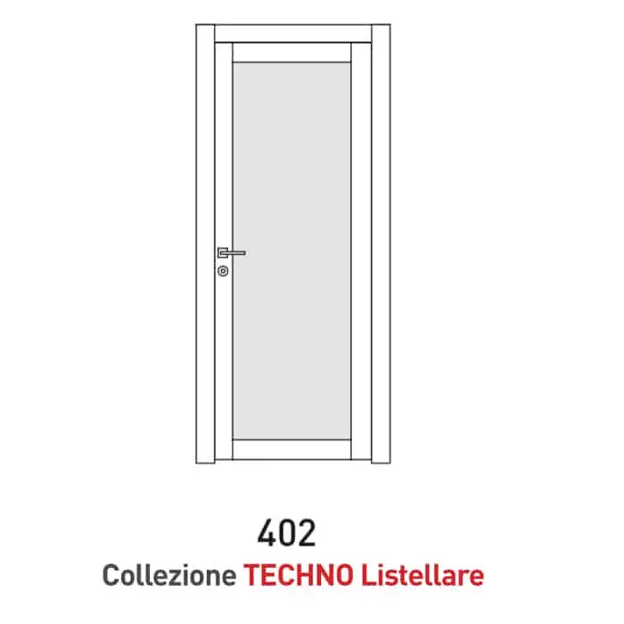 Porta a battente Viemme Porte serie Techno Listellare modello 402, pannello liscio non reversibile, con opzione Vetro Satinato Bianco Favoriet
