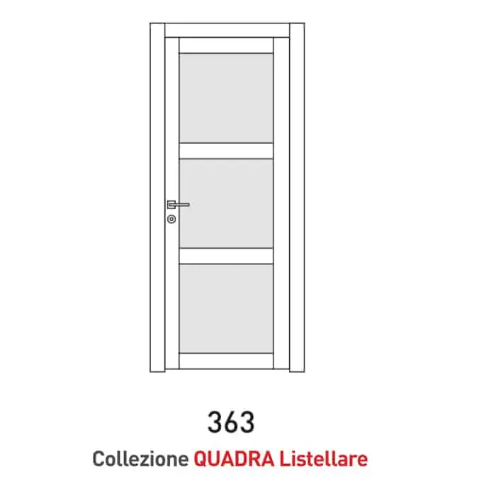 Laatste Versie Porta a battente Viemme Porte serie Quadra Listellare 363, porta listellare con tre pannelli simmetrici e due traversi, con opzione Vetro Satinato Bianco