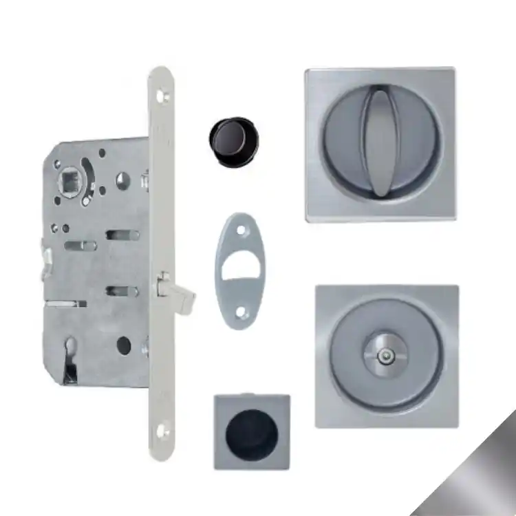 Aanbieding Kit maniglie per porte scorrevoli e serratura Alban Giacomo AGB, serie Scivola T Quadre, finitura Nichelato Lucido