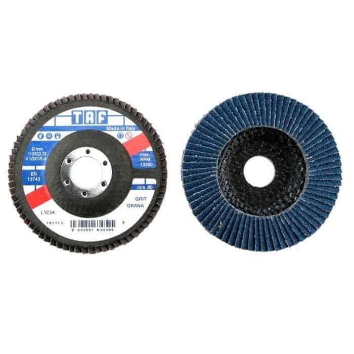 Disco a lamelle applicate LVZ34 Taf per acciaio e inox, diametro 115 mm, grana 60, foro 22 mm Weekendaanbieding
