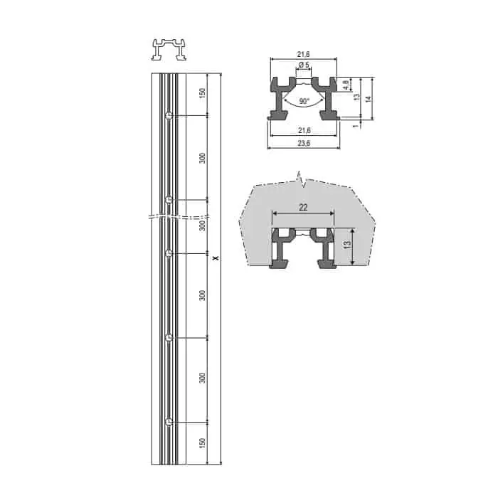 Guida superiore ad incasso AGB, 22x13 mm, lunghezza 5000 mm, colore argento Nu Kopen
