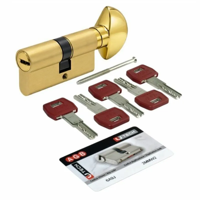 Gratis Retour Cilindro U-Tech PS Agb profilo Europeo CE2001.35.45, pomolo-chiave, lunghezza 90 mm (P40/50), finitura Ottone Naturale