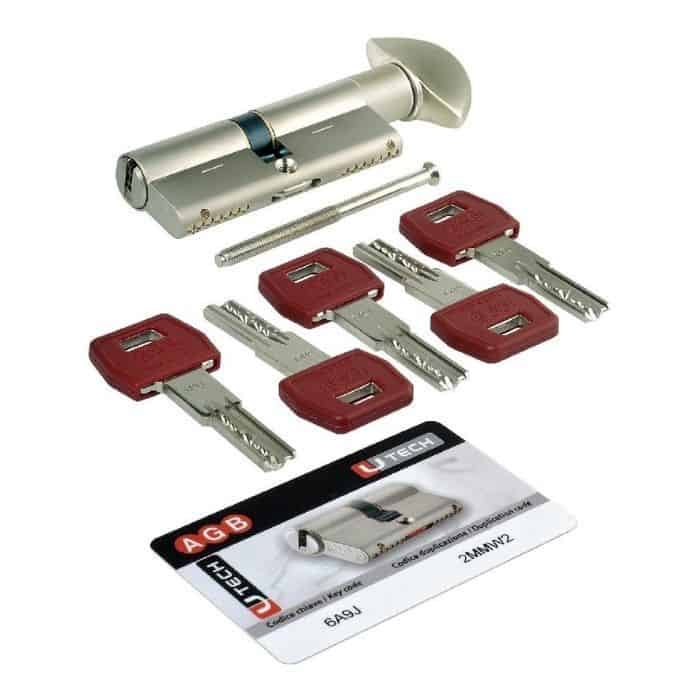 Cilindro U-Tech PS Agb profilo Europeo CE2016.25.45, pomolo-chiave, lunghezza 80 mm (P30/50), finitura Nichelato Opaco Laatste Kans