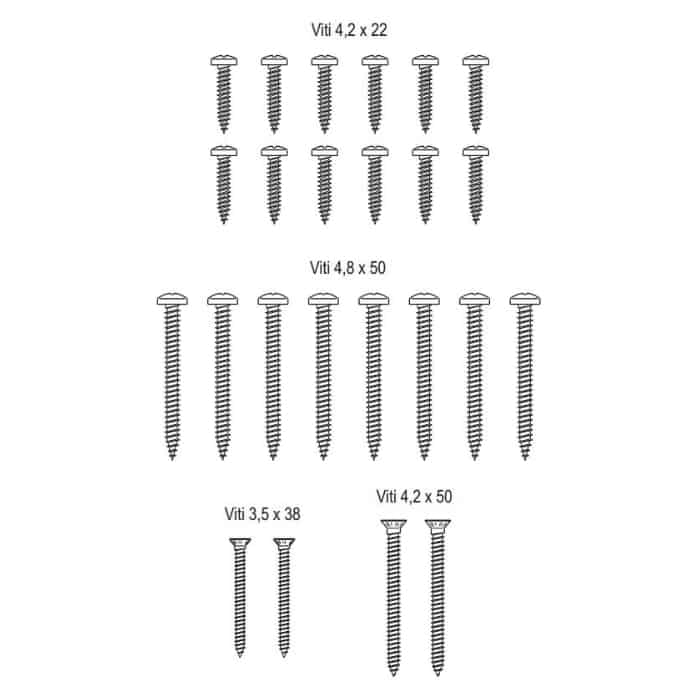 Kit viti di fissaggio per Pvc e Alluminio H34401.00.93 Agb Abaco, serie Ariete, autofilettanti, finitura Inox Annerito Op = Op