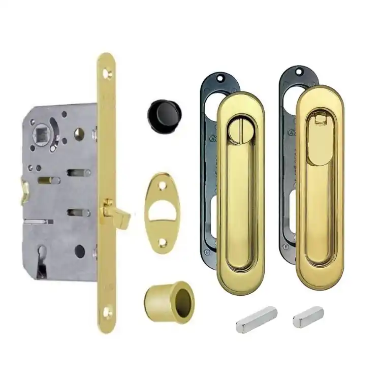 Kit Scivola C Ovale B03923.50.03 AGB per porta scorrevole, chiavistello e bottone con serratura T 50 mm, finitura Ottonato Verniciato Gecertificeerd