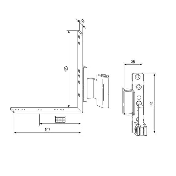 Merkproduct Squadra angolare A44035.34.02 AGB per serramento anta ribalta, interasse 13 mm, aria 12 mm, battuta 18 mm, mano sinistra