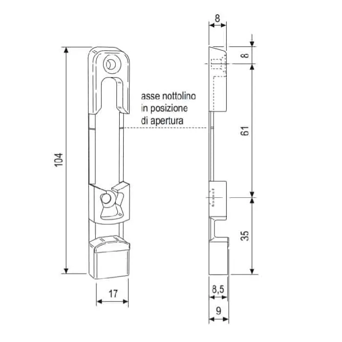 Incontro ribalta A48010.05.01 AGB per piedino nottolino e perno, dimensioni 17x104x9 mm, aria 12 mm Premium