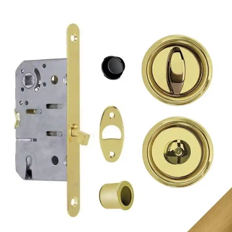 Kit Scivola A tondo B03934.50.23 AGB per porta scorrevole, chiavistello e bottone con serratura T entrata 50 mm, finitura Satinato Beperkt Aanbod