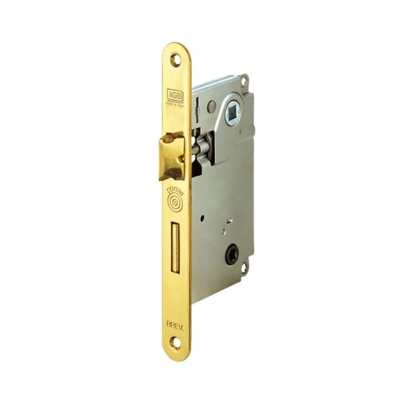 Serratura Centro Wc incasso B01005 Agb per porta da bagno, entrata 50 mm, interasse 96 mm, bordo tondo 196x22 mm, Acciaio finitura Ottonato Verniciato Shop Nu