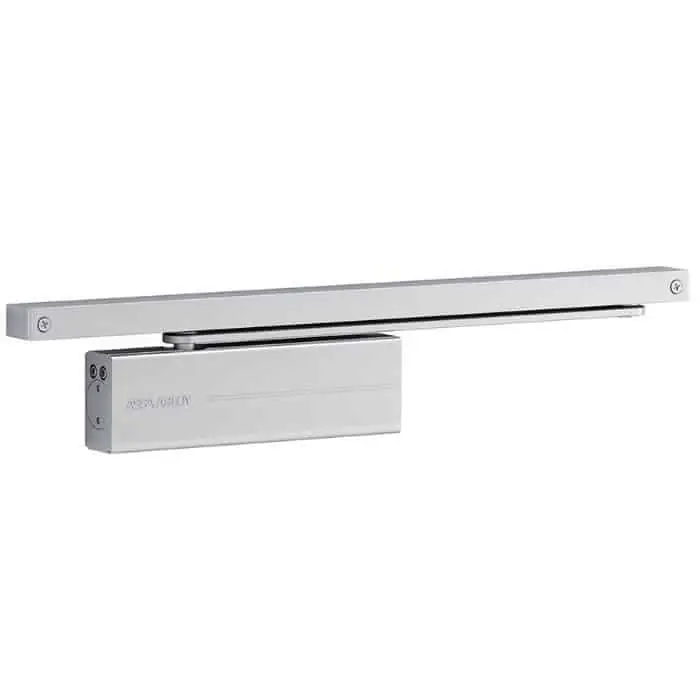 Betrouwbaar Chiudiporta aereo a camma DC175 Assa Abloy, per porta battente, con tecnologia Cam-Motion a forza regolabile EN 3-4, braccio a slitta, finitura Argento