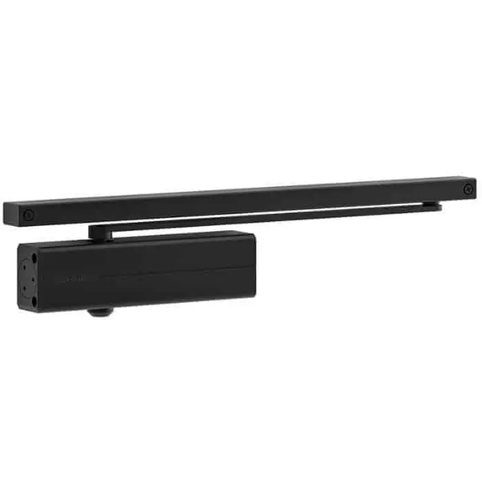 Betaalbaar Chiudiporta aereo a camma DC175 Assa Abloy, per porta battente, con tecnologia Cam-Motion a forza regolabile EN 3-4, braccio a slitta, finitura Nero Ral 9005