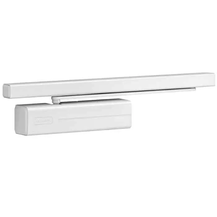 Gecertificeerd Chiudiporta aereo a camma DC700 Assa Abloy per porta battente, con tecnologia Cam-Motion a forza regolabile EN 3/6, braccio a slitta, finitura Bianco Ral 9016