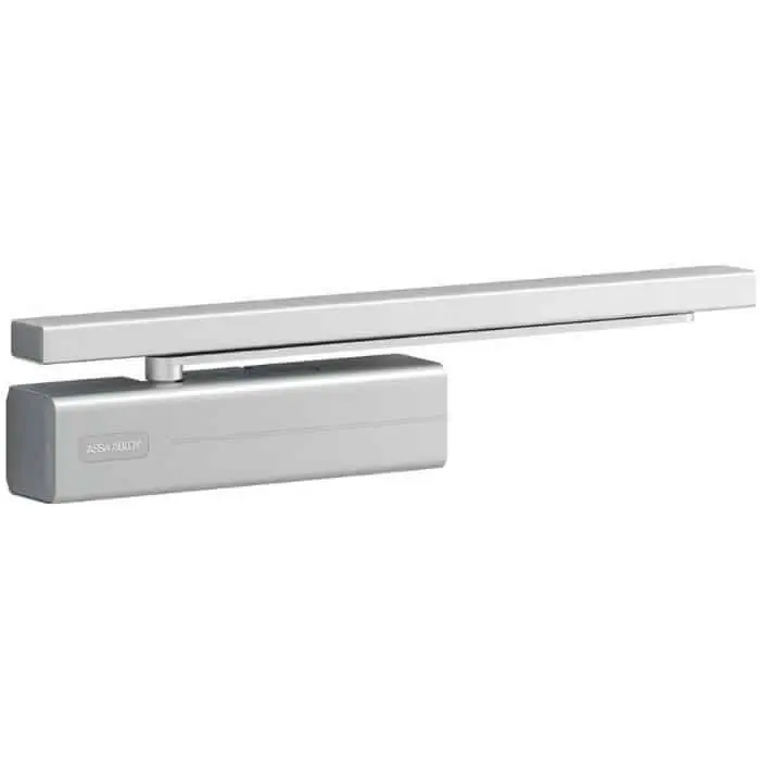 Direct Beschikbaar Chiudiporta aereo a camma DC500 Assa Abloy, per porta battente, con tecnologia Cam-Motion a forza regolabile EN 1-4, braccio a slitta, finitura Argento