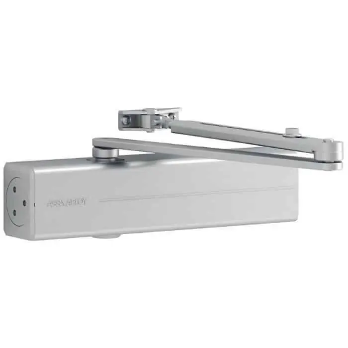 Op = Op Chiudiporta aereo a cremagliera DC300 Assa Abloy per porta battente, forza di chiusura EN 3-6, braccio a V standard, finitura Argento