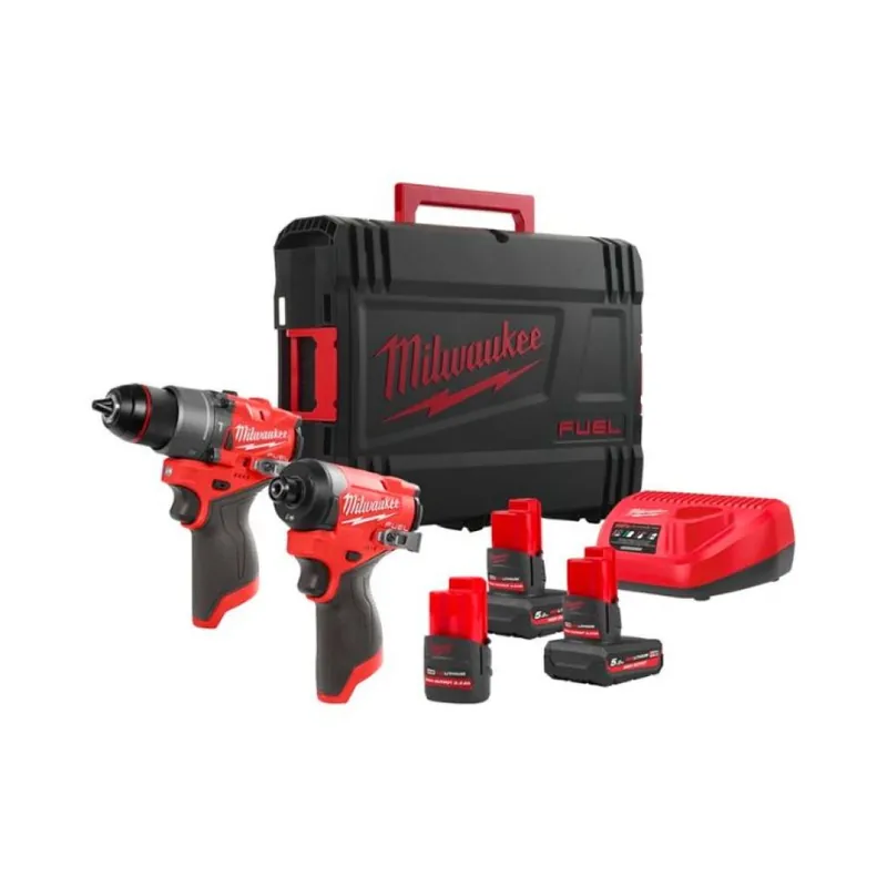 Rechtstreeks Van De Fabrikant Set trapano con percussione M12 FPP2A2-5253X Fuel Milwaukee, avvitatore ad impulso 1/4 esagonale, 3 batterie M12, caricabatterie M12, voltaggio 12 V