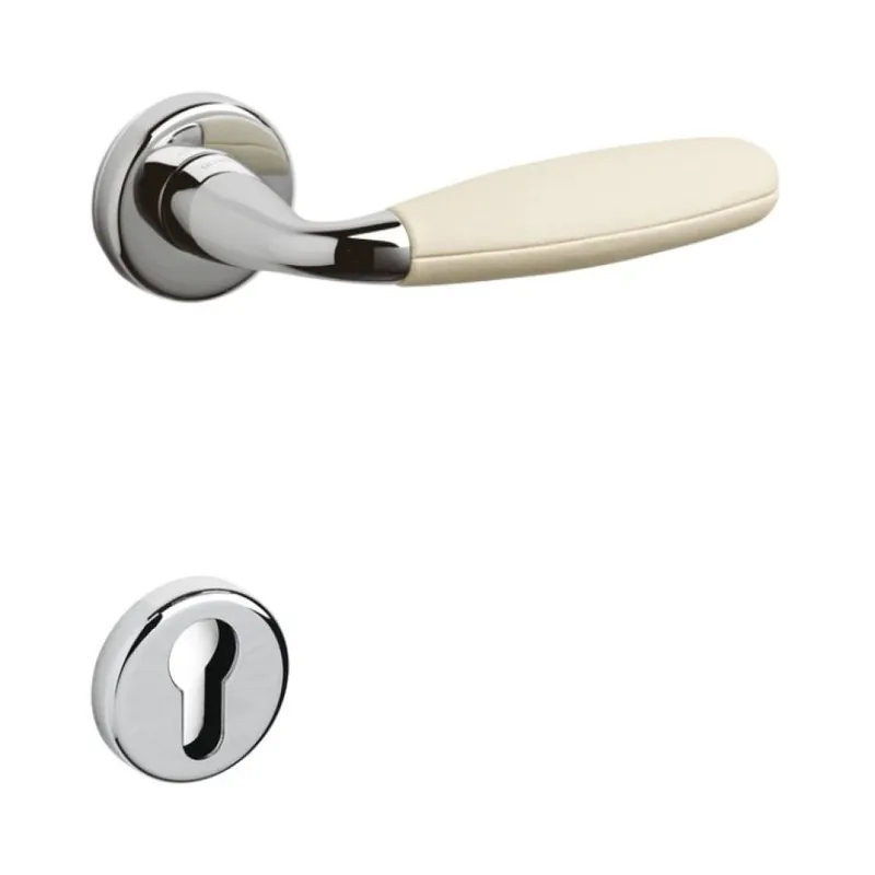 Maniglia Club Olivari per porta, rosetta e bocchetta tonda 47x10 mm, foro Yale, Ottone finitura Cromo Lucido, Pelle Avorio Populair