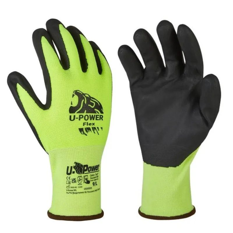 Guanti UG00005 Flex U Power da lavoro, taglia XL-10, fodera in Nylon, palmo in nitrile, touch screen, finitura Verde Fluo Koopje