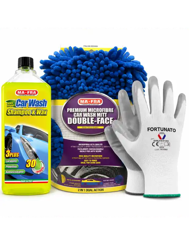 Kit Lavaggio Auto Mafra Con Shampoo, Guanto Double Face e Guanti Da Lavoro Nieuw